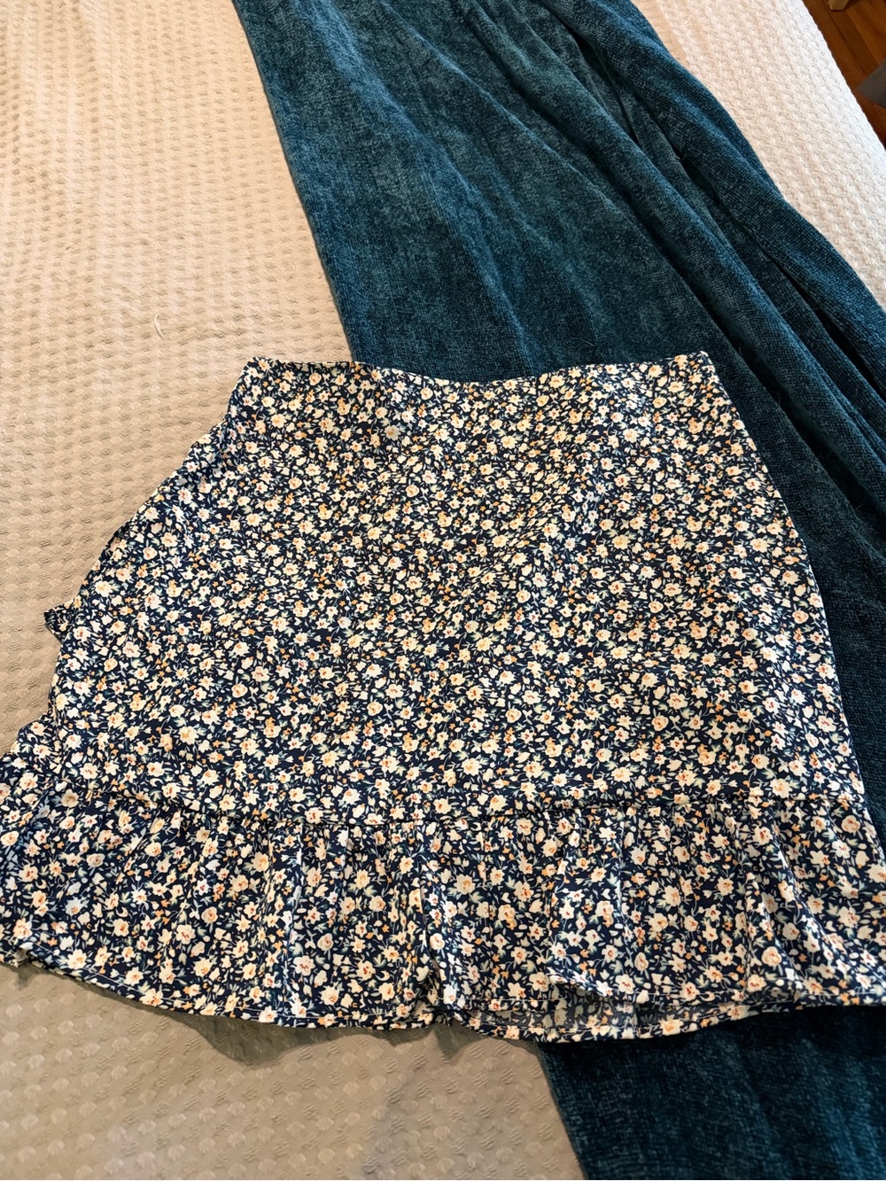 Cupshe Navy Mini Skirt with Cream Floral Ruffle Hem